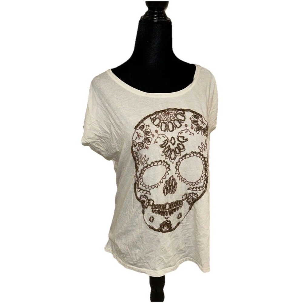 Mango Jeans Gold Beaded Skull White Short Sleeve Boat Neck Medium T-Shirt